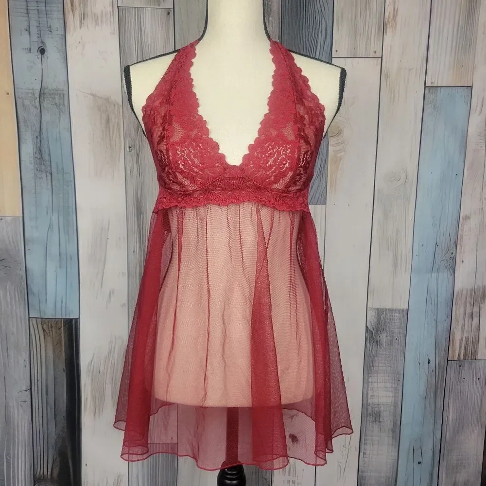 Victoria's Secret Red Teddy Babydoll Sheer Halter Slip On Size Medium